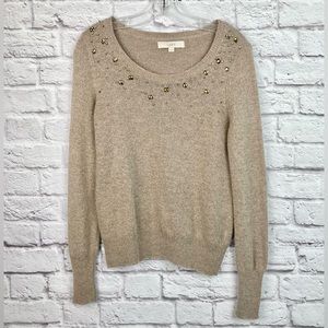Ann Taylor Loft Bejeweled Wool Beige Sweater Size M